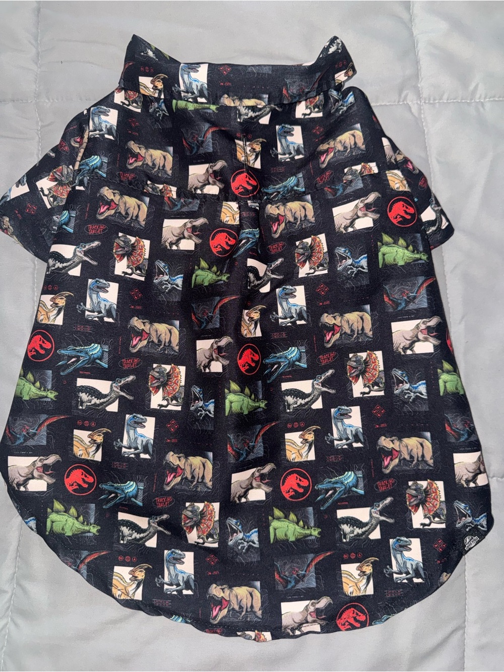 Universal Black Jurassic Dinosaur Print Dog Shirt with Red and Green Accents